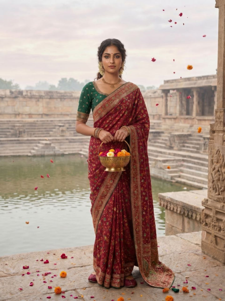 Elegant Ivory Floral Banarasi Silk Saree - MAROON