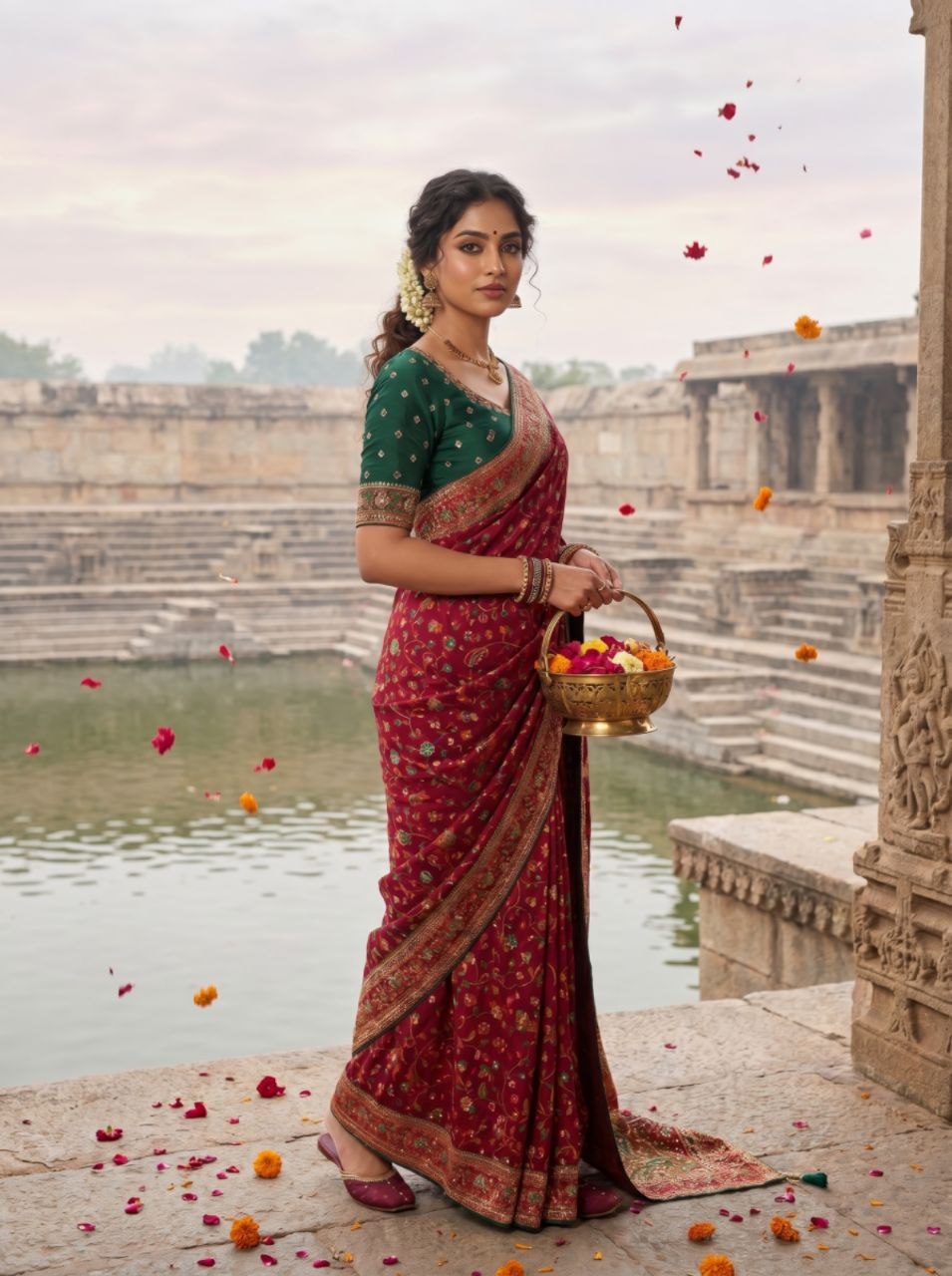 Elegant Ivory Floral Banarasi Silk Saree - MAROON