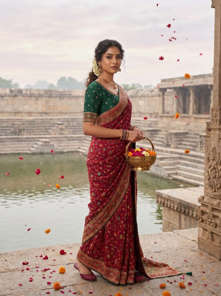 Elegant Ivory Floral Banarasi Silk Saree - MAROON