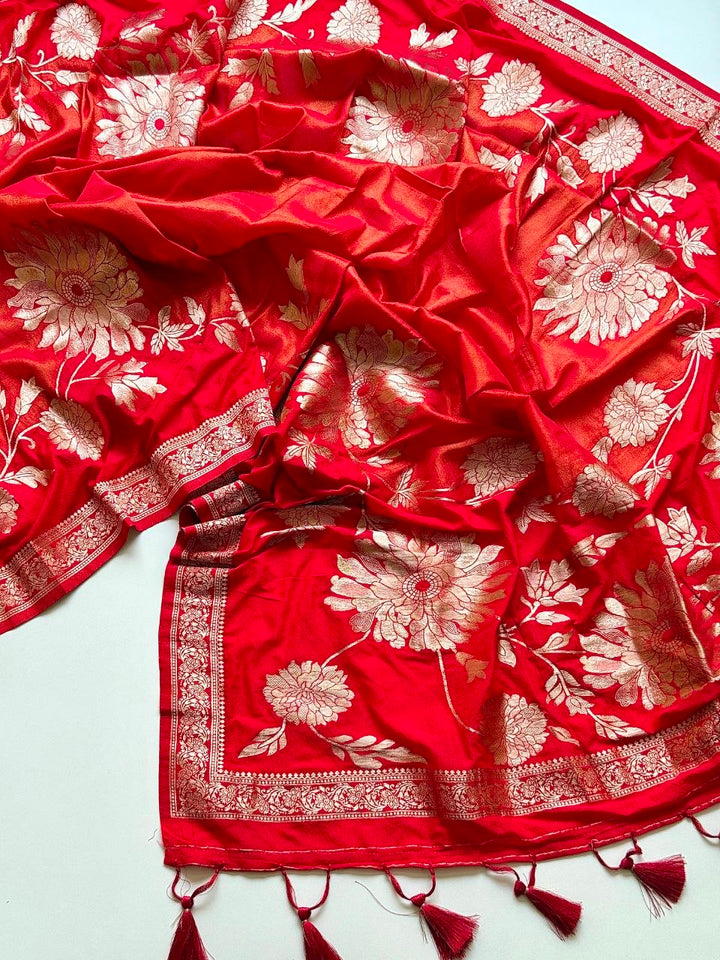 Royal gold zari floral weaving Premium Banarasi Silk Saree - RED