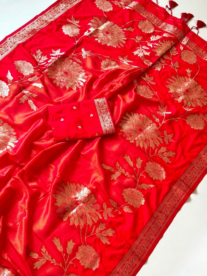 Royal gold zari floral weaving Premium Banarasi Silk Saree - RED