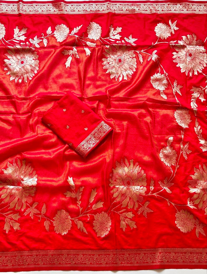 Royal gold zari floral weaving Premium Banarasi Silk Saree - RED