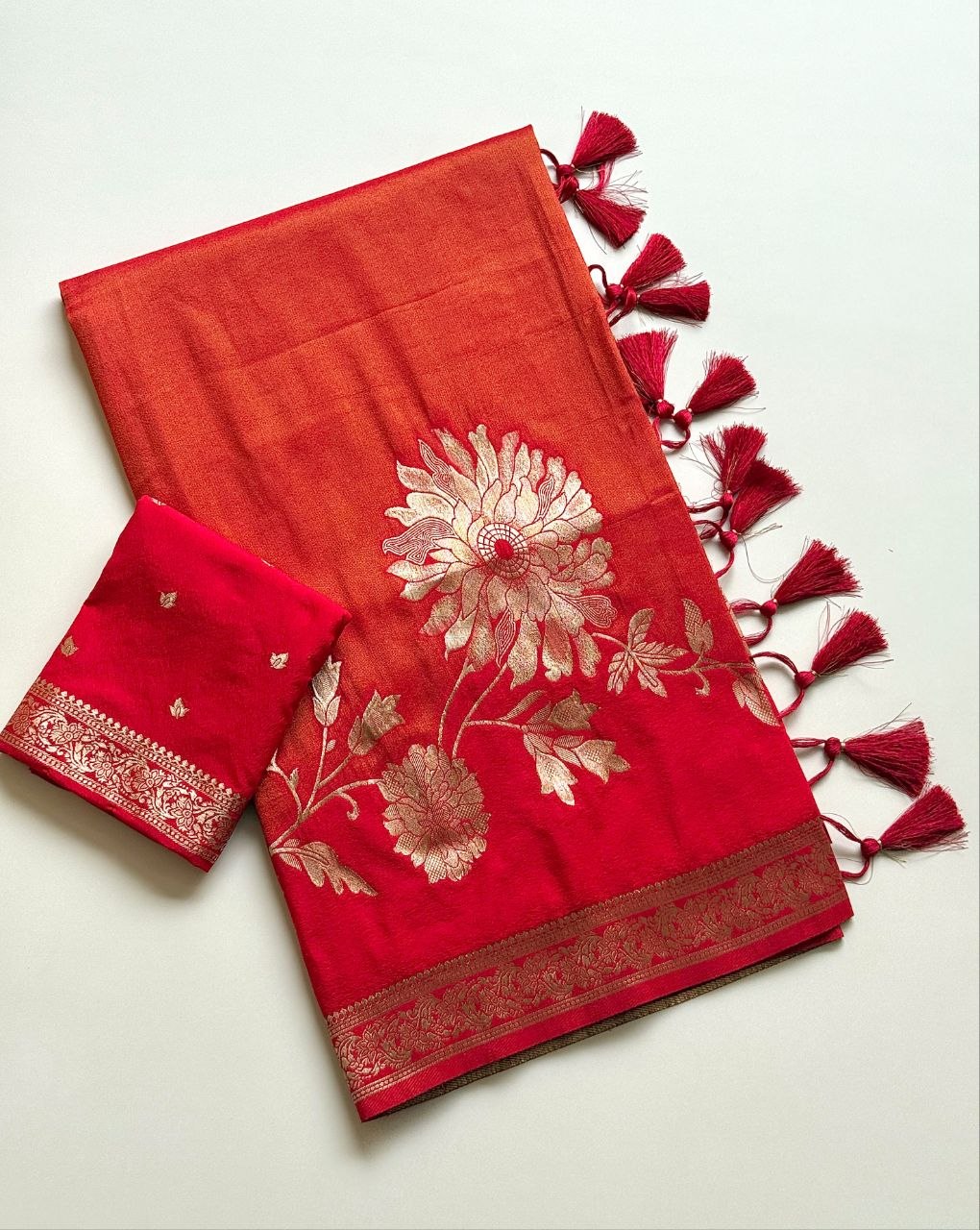 Royal gold zari floral weaving Premium Banarasi Silk Saree - RED