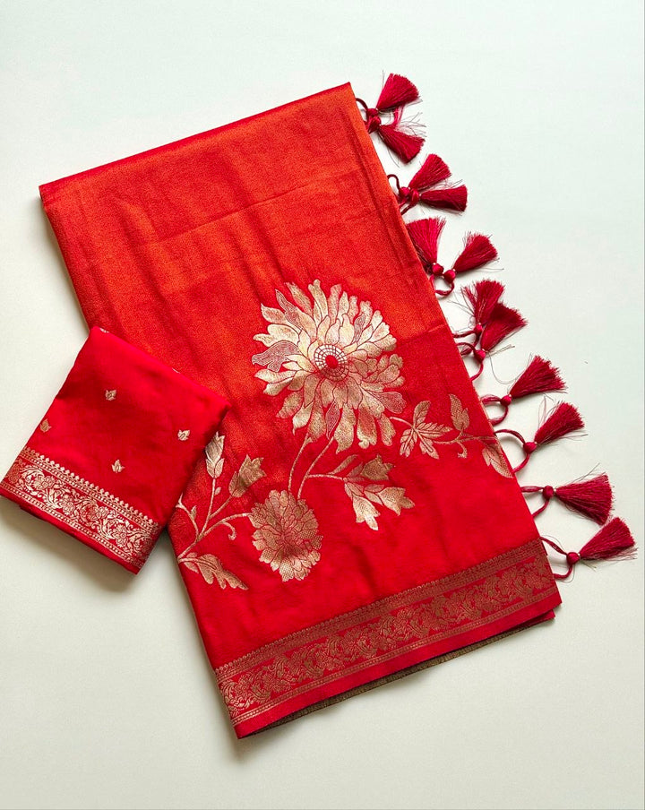 Royal gold zari floral weaving Premium Banarasi Silk Saree - RED