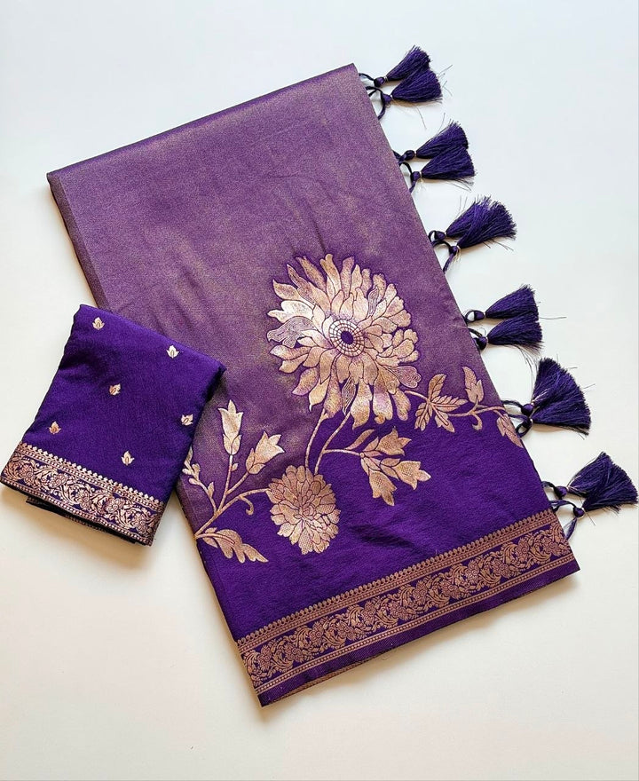 Royal gold zari floral weaving Premium Banarasi Silk Saree - PURPLE