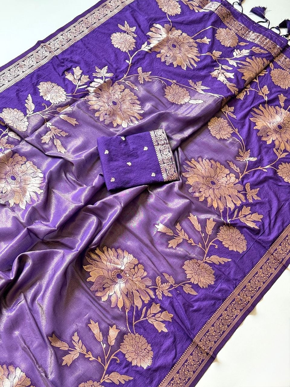 Royal gold zari floral weaving Premium Banarasi Silk Saree - PURPLE