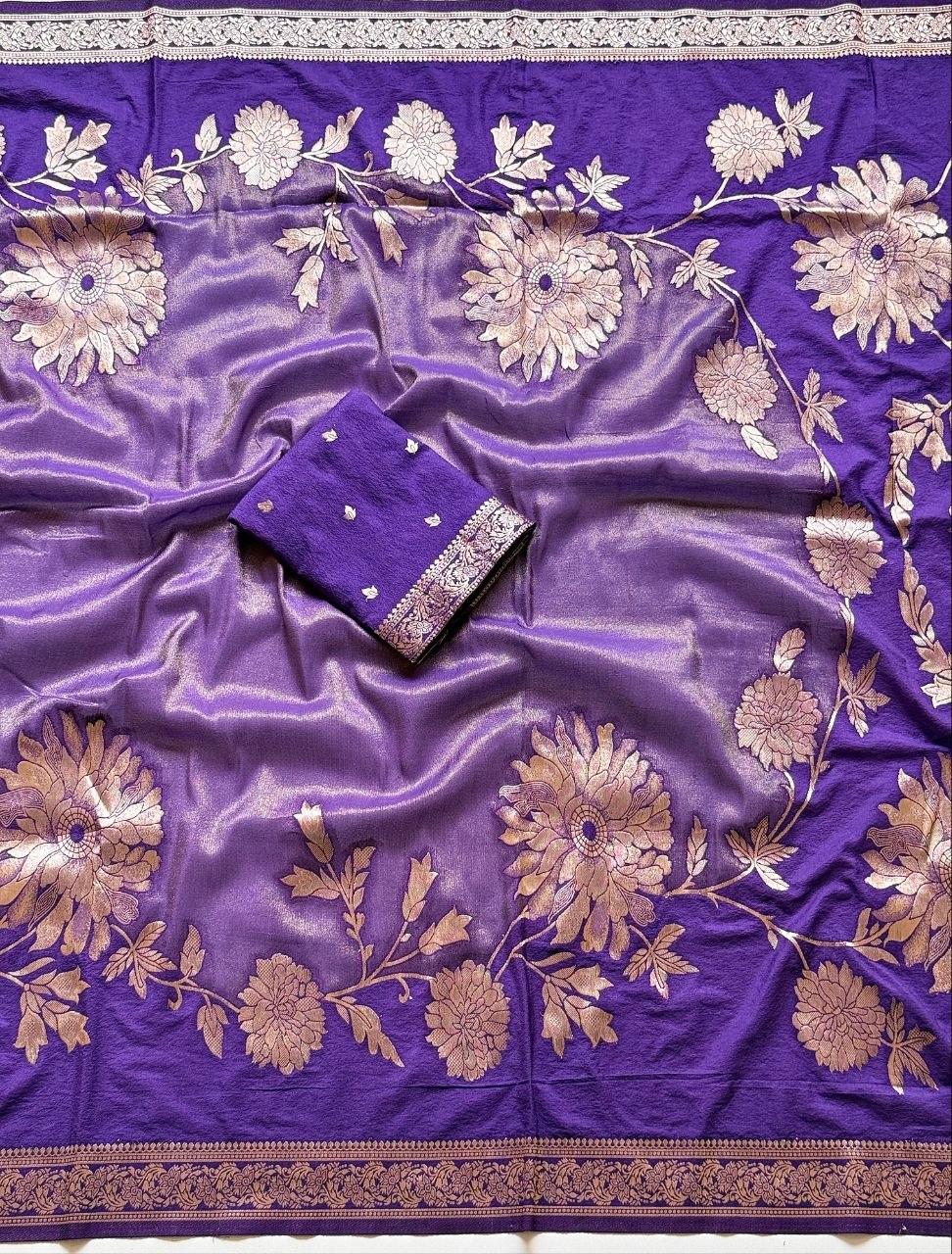Royal gold zari floral weaving Premium Banarasi Silk Saree - PURPLE