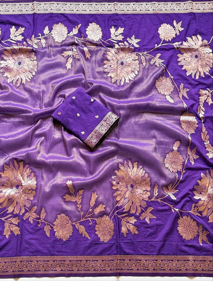 Royal gold zari floral weaving Premium Banarasi Silk Saree - PURPLE