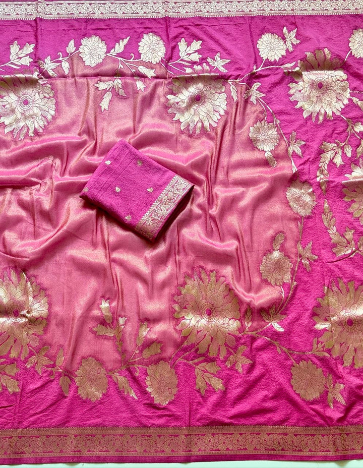 Royal gold zari floral weaving Premium Banarasi Silk Saree - ONION PINK