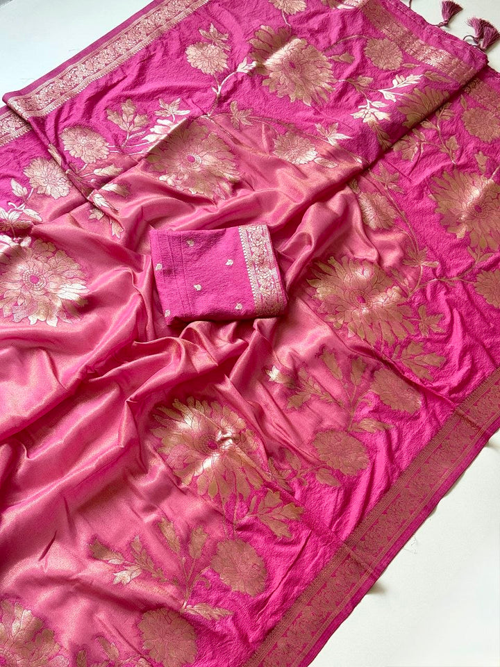 Royal gold zari floral weaving Premium Banarasi Silk Saree - ONION PINK