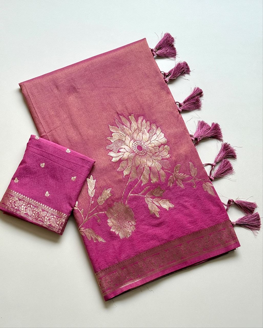 Royal gold zari floral weaving Premium Banarasi Silk Saree - ONION PINK