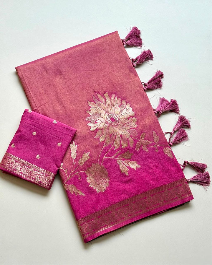 Royal gold zari floral weaving Premium Banarasi Silk Saree - ONION PINK