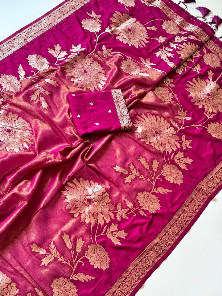 Royal gold zari floral weaving Premium Banarasi Silk Saree - DARK PINK