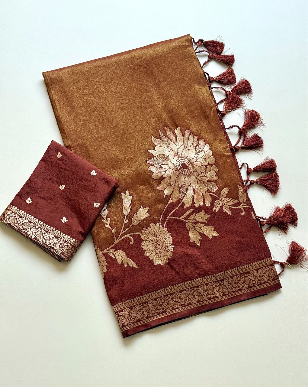 Royal gold zari floral weaving Premium Banarasi Silk Saree - BROWN