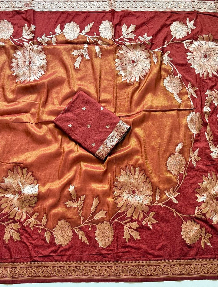 Royal gold zari floral weaving Premium Banarasi Silk Saree - BROWN