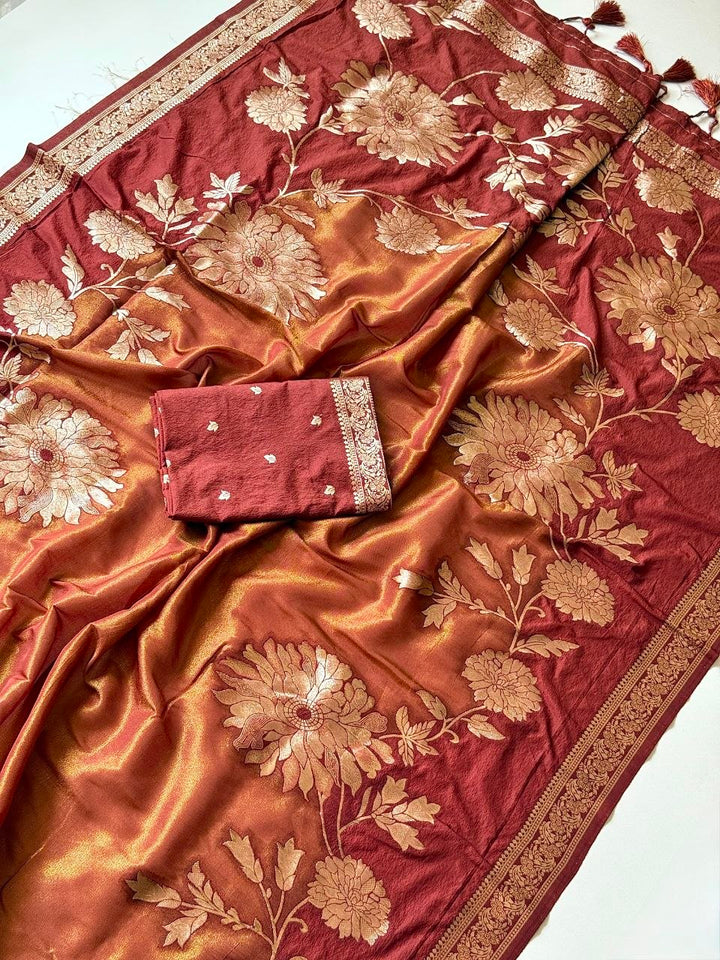 Royal gold zari floral weaving Premium Banarasi Silk Saree - BROWN