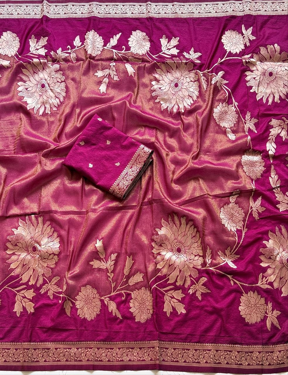 Royal gold zari floral weaving Premium Banarasi Silk Saree - DARK PINK