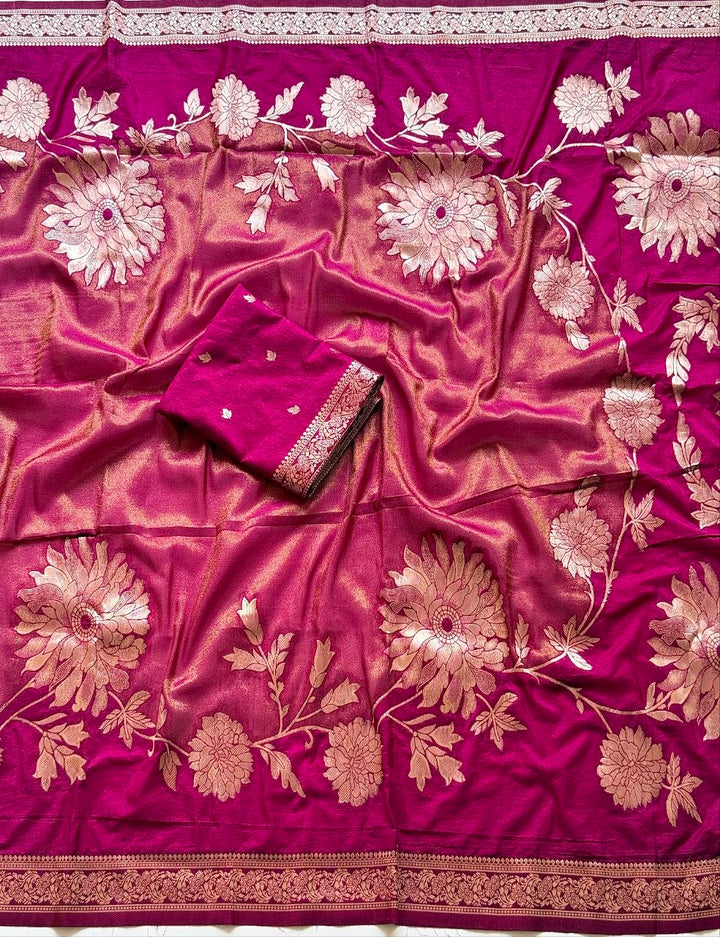 Royal gold zari floral weaving Premium Banarasi Silk Saree - DARK PINK
