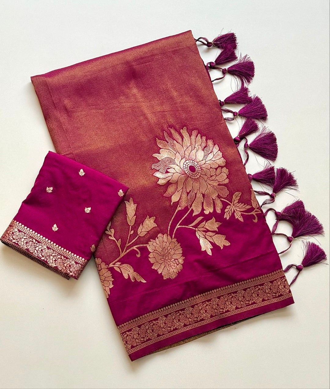 Royal gold zari floral weaving Premium Banarasi Silk Saree - DARK PINK