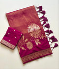 Royal gold zari floral weaving Premium Banarasi Silk Saree - DARK PINK