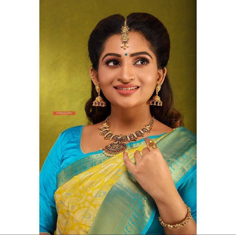 Yellow and Aqua Green Colour Kanjivaram Woven Silk Saree With Blouse Piece