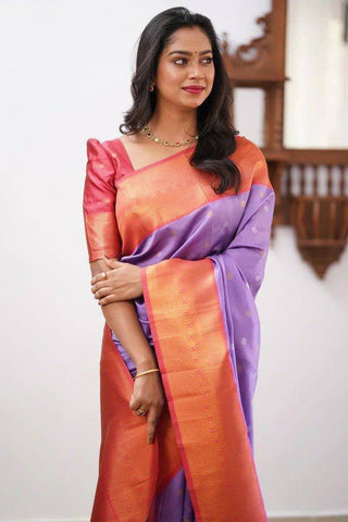 Lavender Color Banarasi Litchi Silk Saree With Blouse Piece