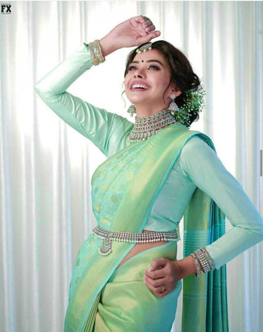 Light Green Colour Kanjivaram Woven Silk Saree With Blouse Piece