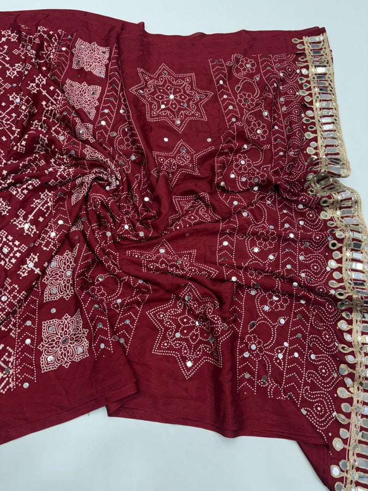 Designer Real Mirror Satin Silk Saree - MAROON