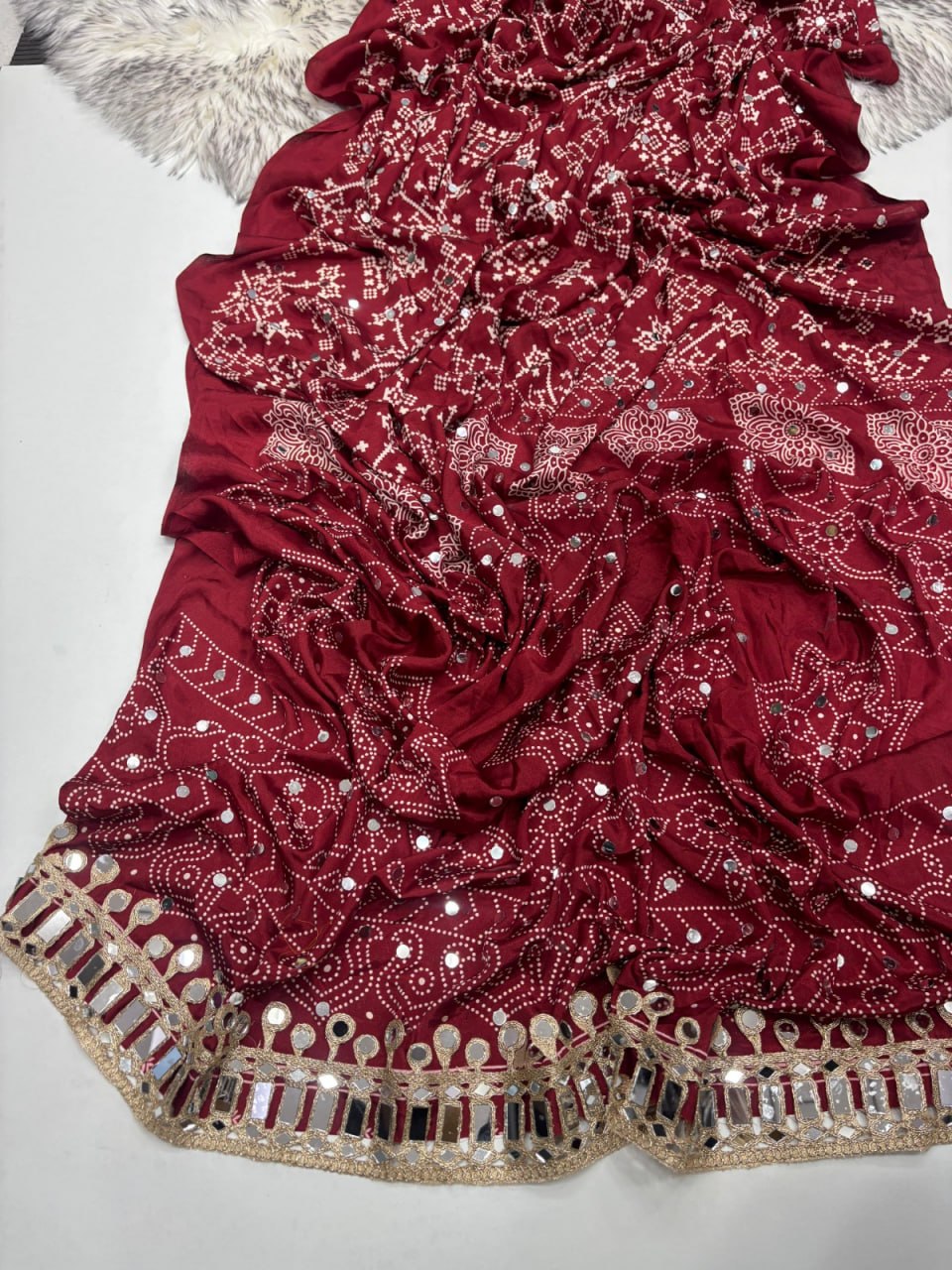 Designer Real Mirror Satin Silk Saree - MAROON
