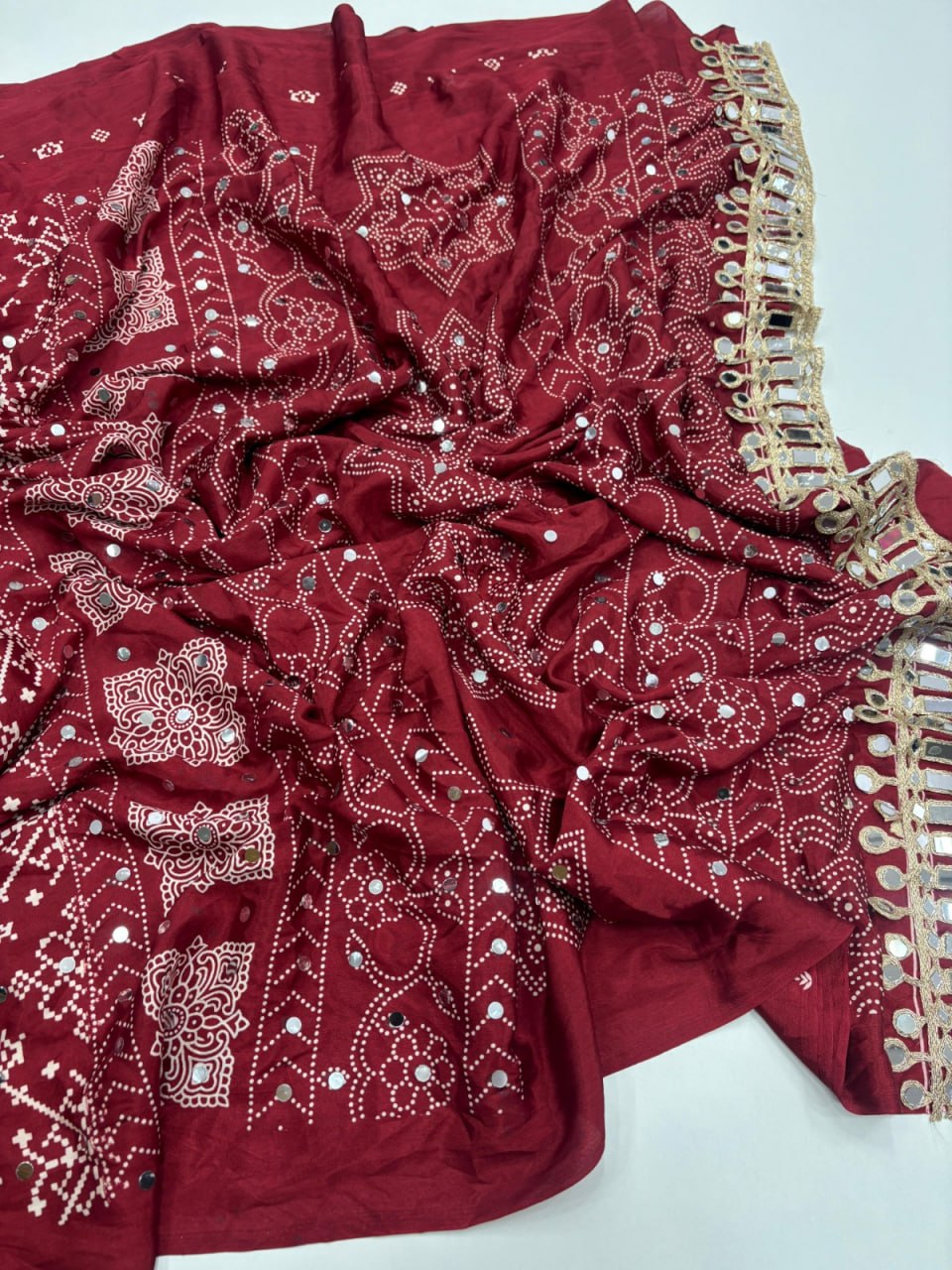 Designer Real Mirror Satin Silk Saree - MAROON