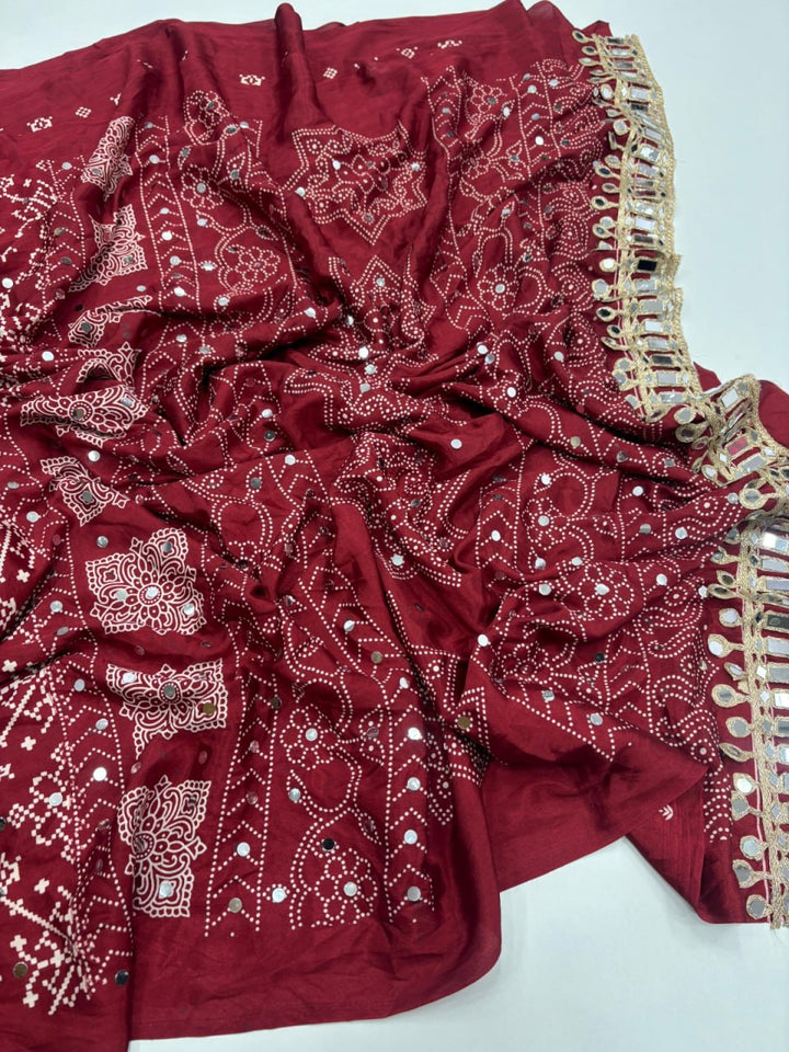 Designer Real Mirror Satin Silk Saree - MAROON