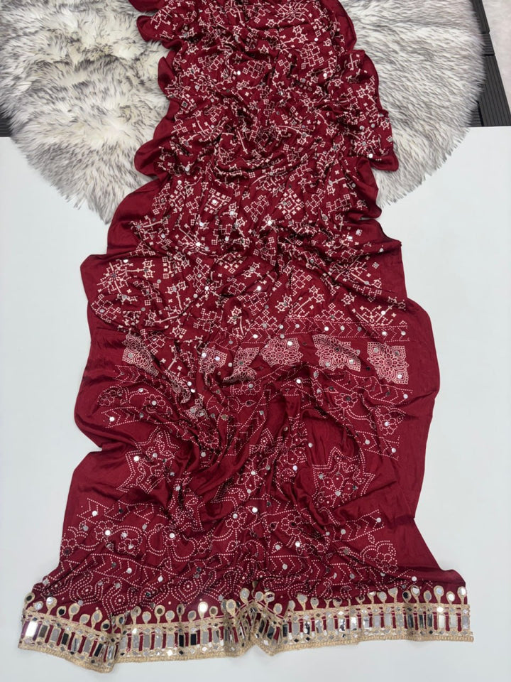 Designer Real Mirror Satin Silk Saree - MAROON