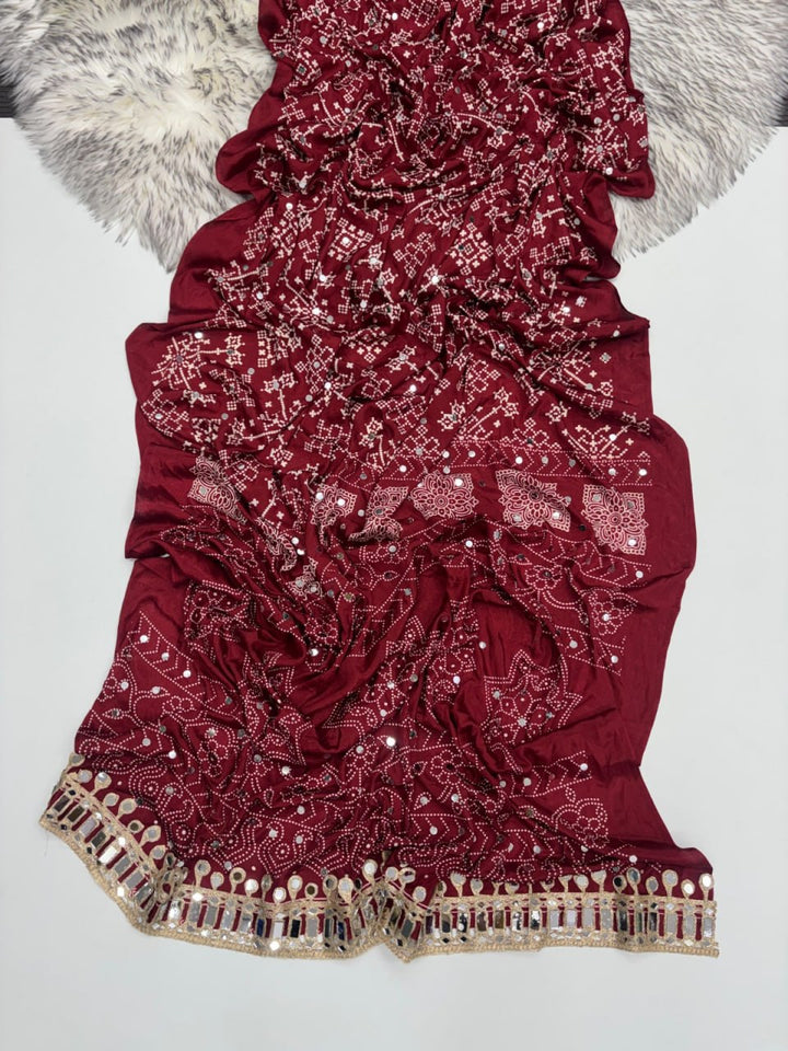 Designer Real Mirror Satin Silk Saree - MAROON