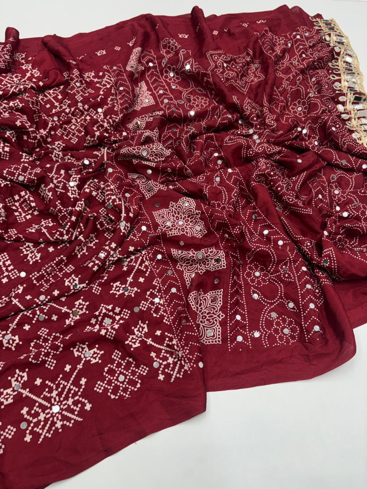 Designer Real Mirror Satin Silk Saree - MAROON