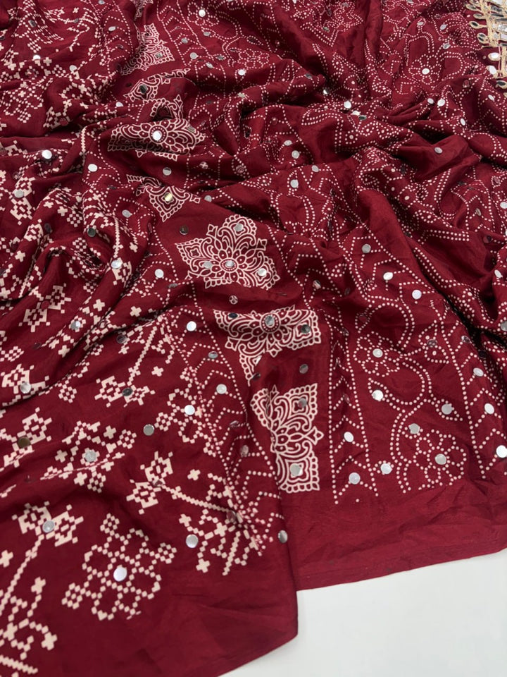 Designer Real Mirror Satin Silk Saree - MAROON