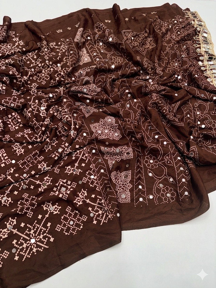 Designer Real Mirror Satin Silk Saree - BROWN