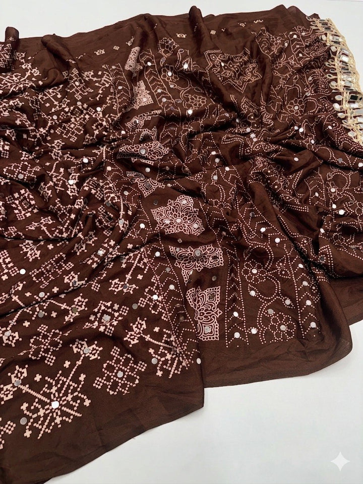 Designer Real Mirror Satin Silk Saree - BROWN