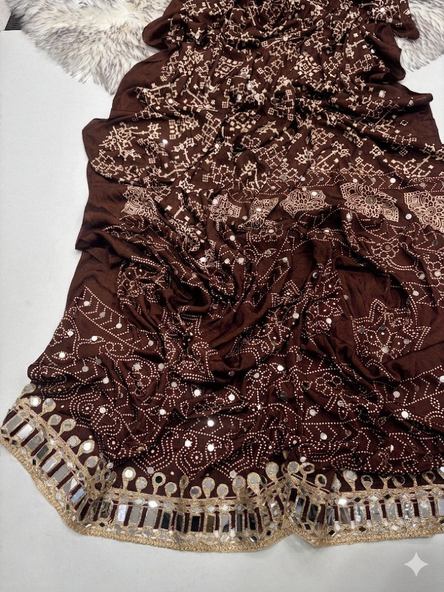 Designer Real Mirror Satin Silk Saree - BROWN
