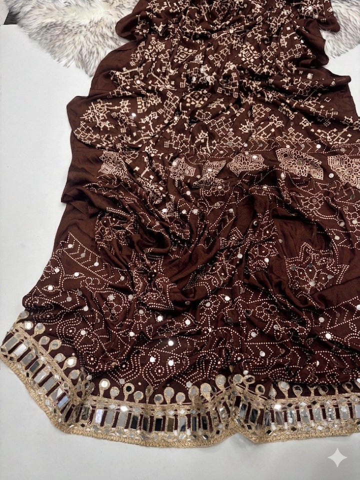 Designer Real Mirror Satin Silk Saree - BROWN