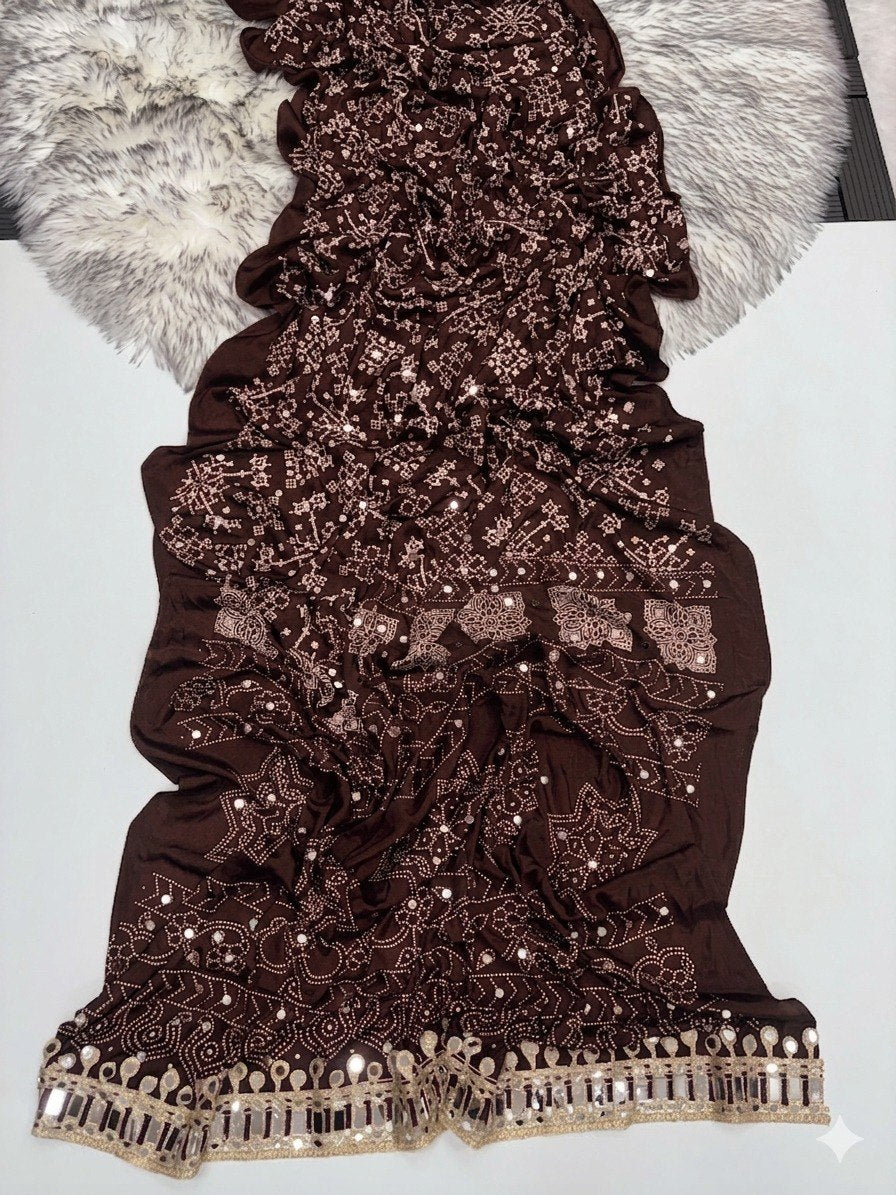 Designer Real Mirror Satin Silk Saree - BROWN