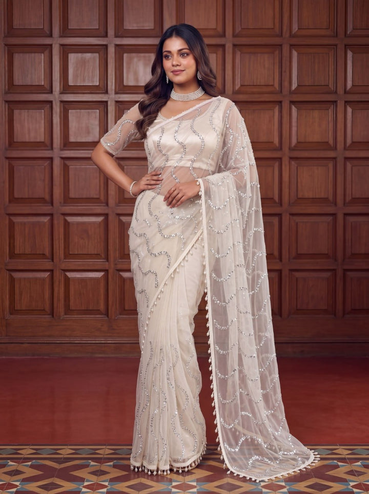 Blush Elegance Designer Saree - WHITE