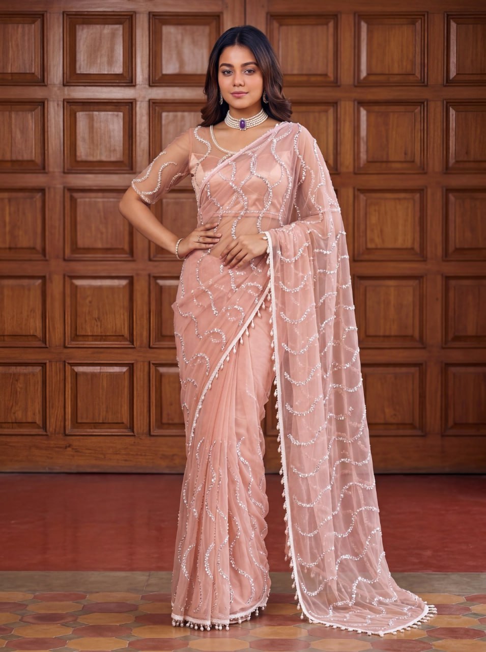Blush Elegance Designer Saree - PEACH