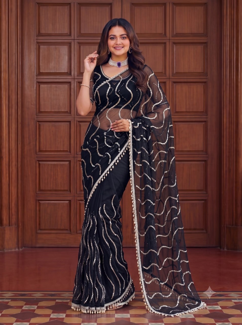 Blush Elegance Designer Saree - BLACK