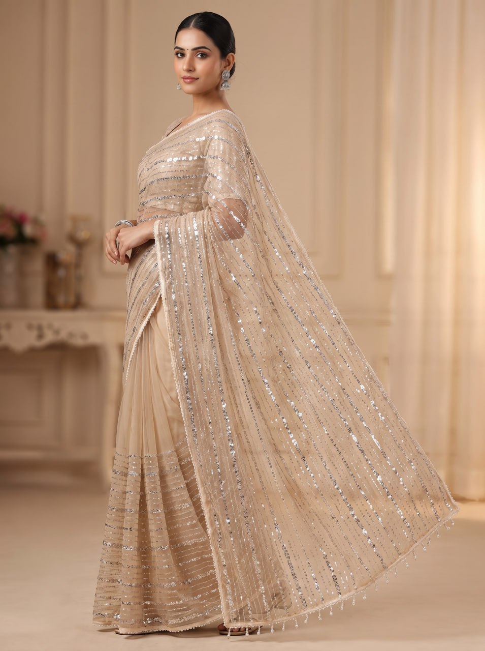 Crystal Mist Designer Saree - CREAM