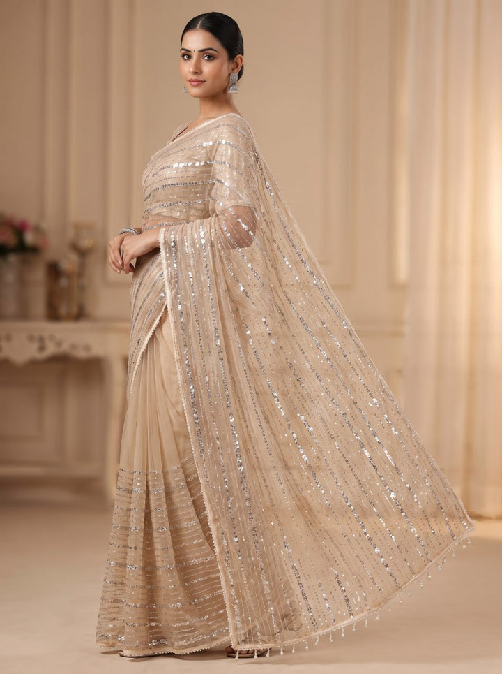 Crystal Mist Designer Saree - CREAM
