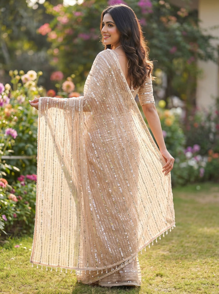 Crystal Mist Designer Saree - CREAM