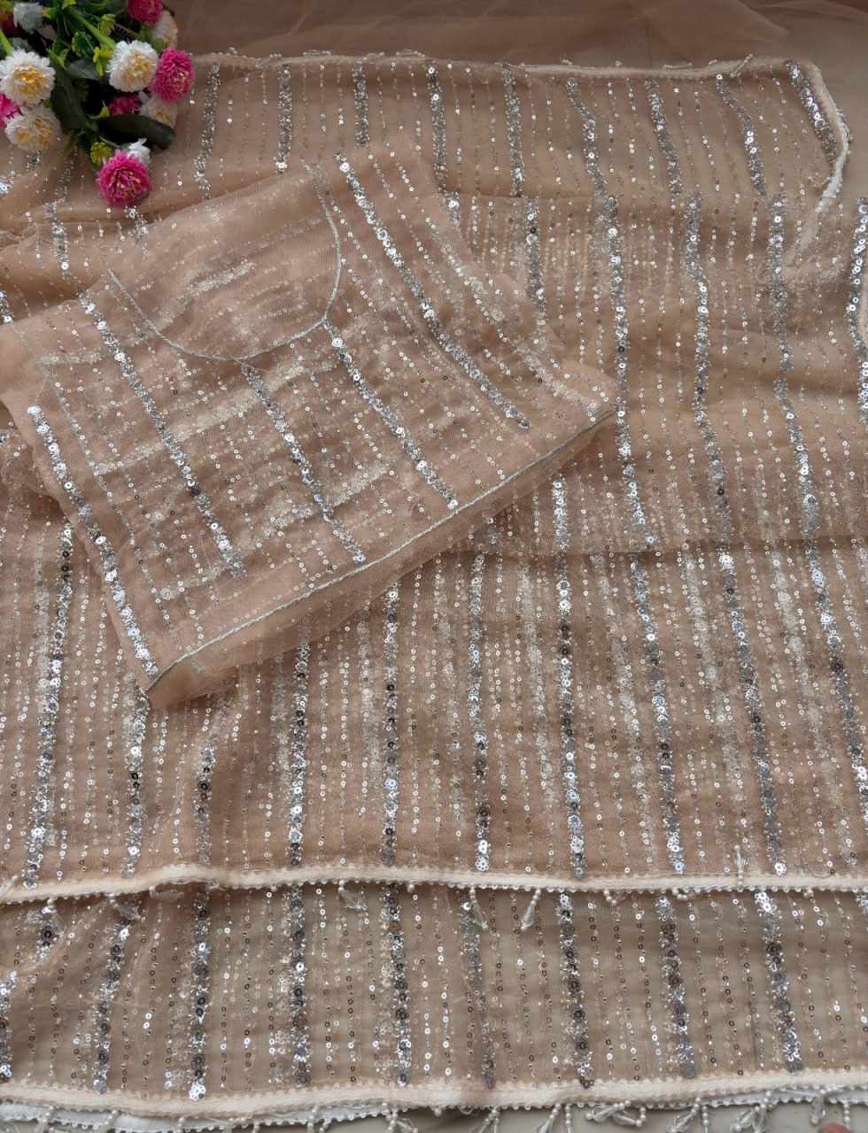 Crystal Mist Designer Saree - CREAM