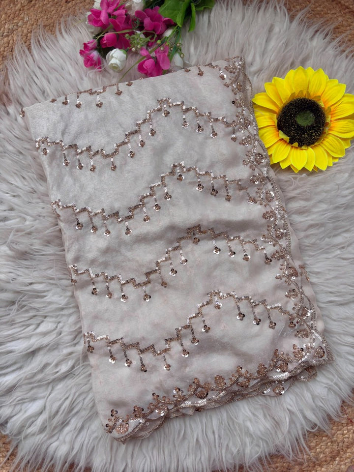 Pearl Shimmer Designer Champagne Crystal Saree - WHITE