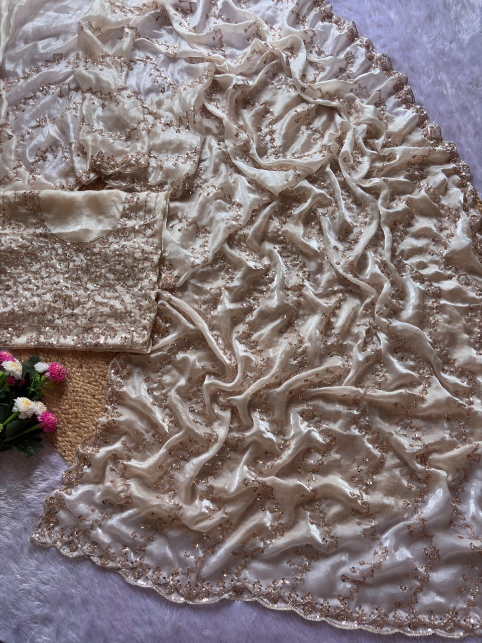 Pearl Shimmer Designer Champagne Crystal Saree - WHITE