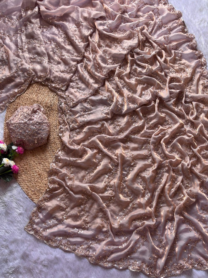 Pearl Shimmer Designer Champagne Crystal Saree - ROSE PINK